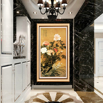 
                                        莫涵客厅装饰画牡丹茶楼中式壁画竖版玄关过道有框画家居饰品挂画 如图包含外框尺寸 80*160                