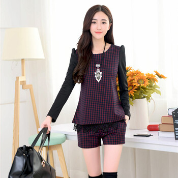 2014<em>秋装</em>秋款韩版职业休闲<em>女士</em>格子<em>短裤套装</em>