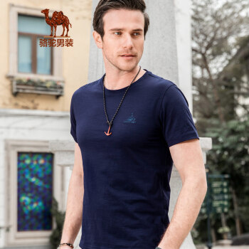 骆驼（CAMEL）男装 夏季时尚男士青年纯色绣标棉质圆领休闲短袖T恤 宝蓝 L