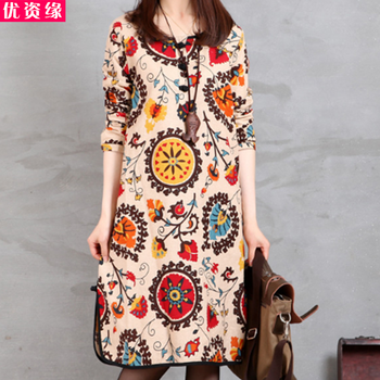如素慢衣棉麻连衣裙春夏新款圆领民族风印花长