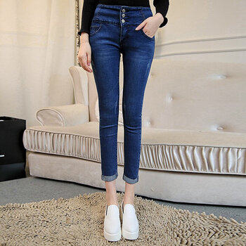 学院风少女高腰牛仔裤女学生九分小脚裤弹力紧