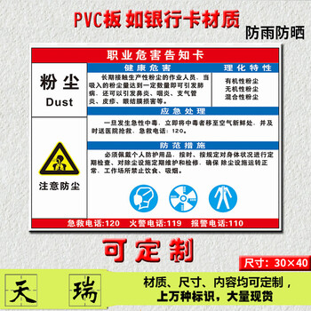 当心粉尘职业病危害告知卡注意防尘警示标识提示标定做