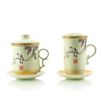 思喜 描金粉彩日用陶瓷办公水杯 茶杯 情侣对杯 满园春色