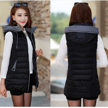 014新款修身连帽翻领中长款羽绒棉衣<em>女马甲</em>F