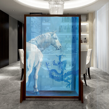 原创现代中式高档免漆木蜡油实木半透纱屏风-