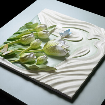 福雕家饰现代田园浮雕画装饰画客厅卧室挂画三联无框3D立体墙壁画 春风恋影(绿色) 60cm*60cm*3联