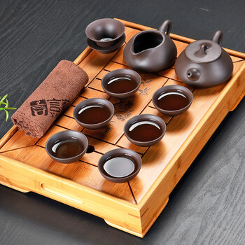 言艺 茶具套装 紫砂石瓢功夫茶具配竹制茶盘
