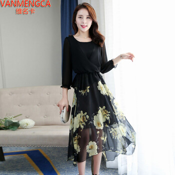 维名卡 2016春夏新款中袖碎花雪纺连衣裙女韩