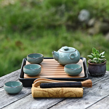 臻艺整套茶具 陶瓷茶盘干泡茶具套装  日式功夫茶具特色茶壶 一壶四杯可定制logo 四方哥窑壶特惠99元款
