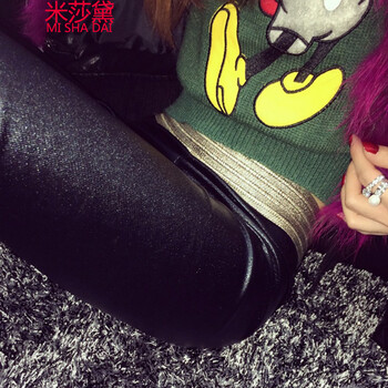 米莎黛秋冬季时尚女装修身显瘦加厚加绒蕾丝拼接裤脚PU皮裤打底裤2825 黑色 均码