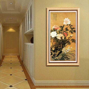 
                                        莫涵客厅装饰画牡丹茶楼中式壁画竖版玄关过道有框画家居饰品挂画 如图包含外框尺寸 80*160                
