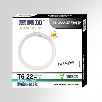 惠美加T6环形灯管22W荧光灯管节能灯管四针孔插头白光日光色（两只装）