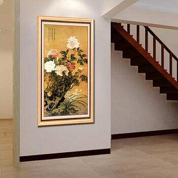 
                                        莫涵客厅装饰画牡丹茶楼中式壁画竖版玄关过道有框画家居饰品挂画 如图包含外框尺寸 80*160                