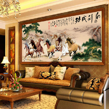 
                                        皇家彼岸十字绣印花客厅大画新款马到成功八骏图十字绣套件包邮 11CT棉线印花190*76CM满绣                