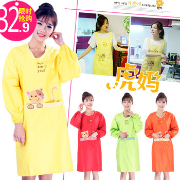 一朵 反穿围裙家居服罩衣布艺长袖围裙韩式餐厅工作服防水防油印LOGO2件送套袖 可爱猫反穿衣红有袖围裙