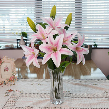 百合花花套装假花百合花家居客厅餐桌摆件装饰花瓶花艺 3束2头百合(浅