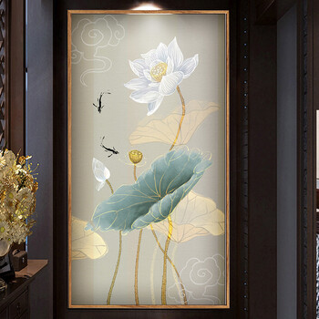 舒厅水墨荷花玄关装饰画中式复古客厅招财挂画竖版走廊过道餐厅书房