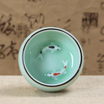 樱艺 龙泉青瓷茶具功夫茶杯 鱼杯彩鲤杯 陶瓷斗笠杯普洱品茗杯茶杯 三足双鱼杯