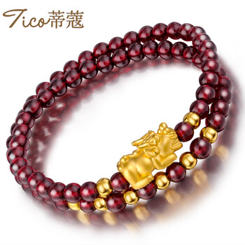 蒂蔻酒红石榴石3D硬金足金貔貅黄金手链转运