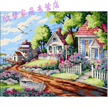 数字油画客厅卧室动物卡通动漫填色油彩手绘装饰画火烈鸟 海边别墅 50