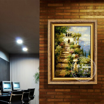 
                                        驿尚欧式田园纯手绘油画客厅沙发背景墙三联有框装饰画挂画风景壁画 豪华金框A款 加框长40cm*高60cm                