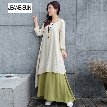 JEANE-SUNP2016新款春装长袖女装长裙棉麻