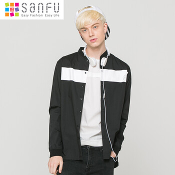 三福2016男春季棒球立领撞色衬衫英文长袖衬