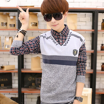 2015青少年<em>毛衣男</em>针织<em>打底</em>衫中学生假两件衬