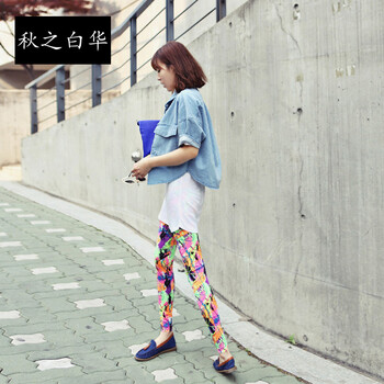 
                                        秋之白华 2016新款韩版女装外套宽松短袖牛仔衬衫 女 42qB1357 蓝色 S                