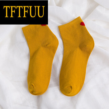 fuu新款5双装棉中筒女袜子秋季短袜爱心款黑白色运动袜吸汗学生棉袜