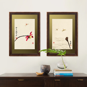 
                                        墙蛙 蜻莲 餐厅装饰画中式客厅挂画企业办公室挂画墙画字画国画 AB一套棕木纹画框 画框尺寸47cmX67cm                