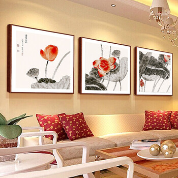 
                                        【签约画家作品】格丽有框画国画 现代中式客厅装饰画玄关挂画餐厅壁画办公室装饰字画风景画 中式红荷三联 60*60cm                