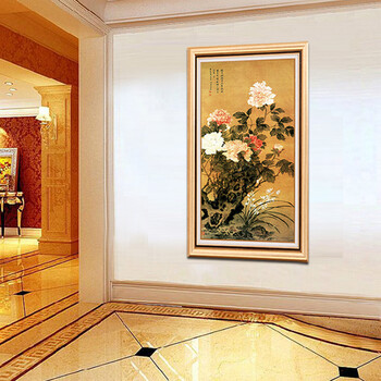 
                                        莫涵客厅装饰画牡丹茶楼中式壁画竖版玄关过道有框画家居饰品挂画 如图包含外框尺寸 80*160                