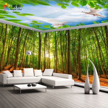 枫彩3D立体墙纸阳光森林树木绿色主题馆空间