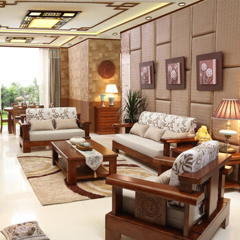 实木沙发组合 新中式实木沙发 橡木布艺沙发全