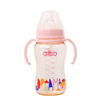 爱乐宝（albo）PPSU婴儿奶瓶 新生儿宝宝宽口径防摔防胀气奶瓶带手柄吸管 300ML(粉色)