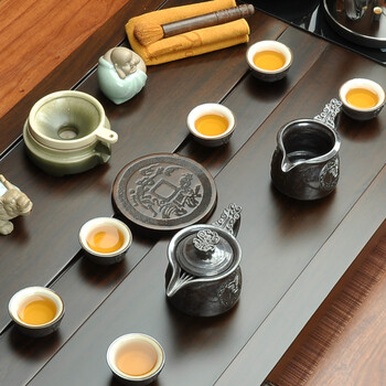 唐丰 整套功夫茶具套装 红木黑檀木实木茶盘 抽水烧水电热炉电热炉 紫砂茶壶茶杯茶道1583 黑檀飞腾-铜瓷唐风