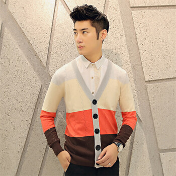 Gurunvani 韩版修身<em>粗条纹针织</em>衫<em>开衫</em>V领 时尚