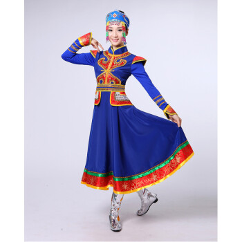 普戈斯新款蒙古族服装少数民族女装蒙古舞蹈演出服舞台表演服大摆裙 蓝色 S