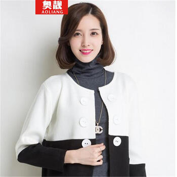 奥<em>靓</em> 2014秋冬拼色女装<em>开衫</em>针织衫<em>淑女</em>韩版短