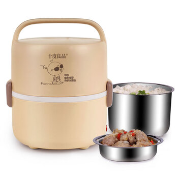 十度良品SD-921便携式不锈钢电热饭盒保温插电蒸煮加热饭盒 真空保鲜密封 卡其色