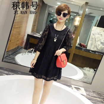 积韩号大码女装胖妹妹蕾丝连衣裙女夏短袖20