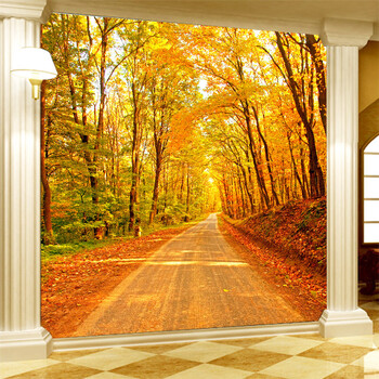 臻心家居自然风景画墙纸3D枫叶小道落叶客厅