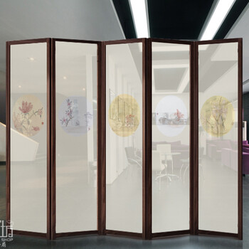 断中式风水半透明纱屏风-折叠00057 胡桃木木