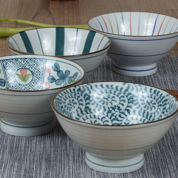 
                                        素珀 4.75英寸古朴釉下彩手绘青釉青花瓷日式和风餐具陶瓷饭碗 碗套装 米饭碗 4色4只装                