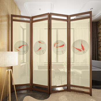 断中式风水半透明纱屏风-折叠00065 胡桃木木