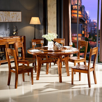 果真家具全实木圆形餐桌现代中式非洲乌金木餐