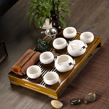
                    
                                        金镶玉 功夫茶具套装 茶缘月白套组 柯木实木茶盘定窑茶具茶壶茶杯整套                