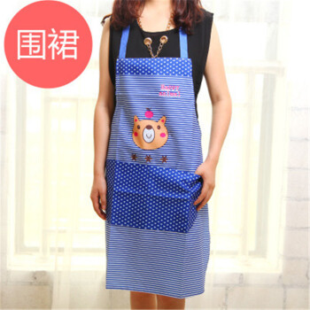 卡通小熊波点条纹围裙 时尚厨房家居日用防污无袖吊带烘焙防水围裙女 蓝色围裙
