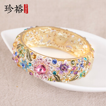 珍裕 首饰 宽手镯女满钻时尚复古饰品奥地利水钻老北京景泰蓝生日礼品
